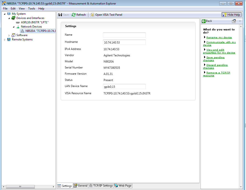 Clicking on Open VISA Test Panel will open a test panel with the name ...